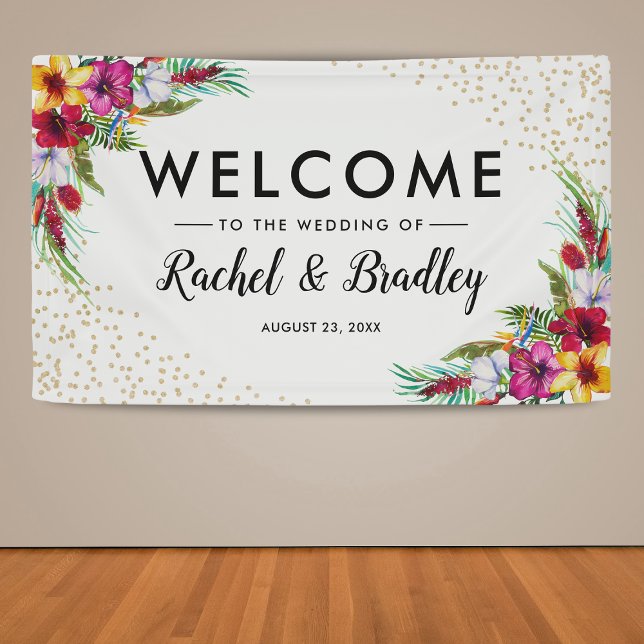 Hawaiian Tropical Floral Gold Glitter Wedding Banner (Creator Uploaded)