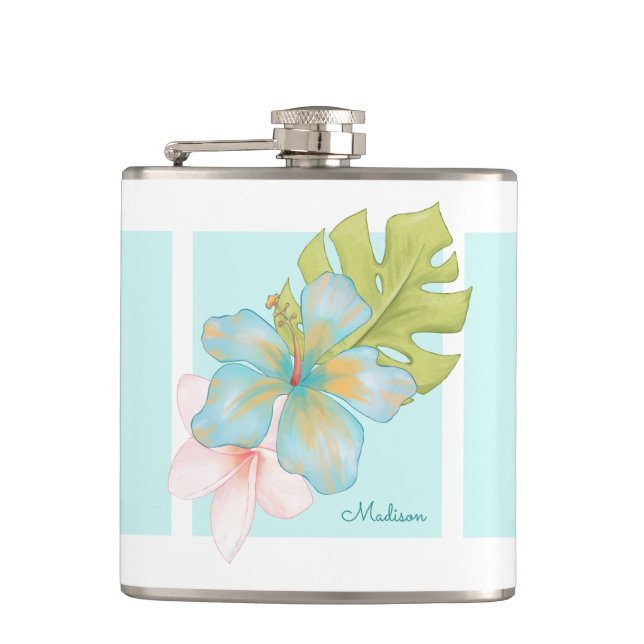 Hawaiian Tropical Floral Pattern with Name Hip Flask (Front)