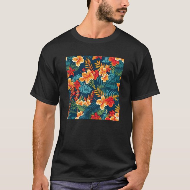 Hawaiian Tropical Flower Leaf Pattern Beach Vacati T-Shirt (Front)