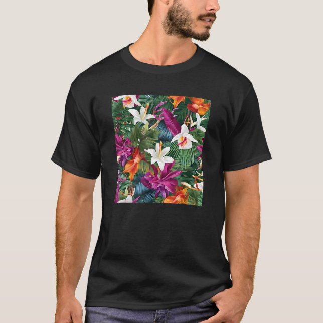 Hawaiian Tropical Flower Leaf Pattern Beach Vacati T-Shirt (Front)