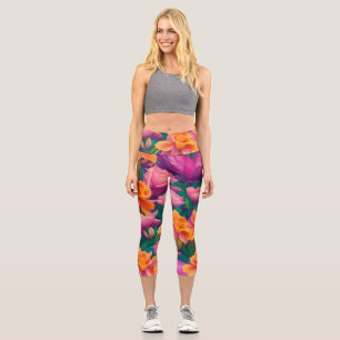 Hawaiian Tropical Flower Pattern  Capri Leggings