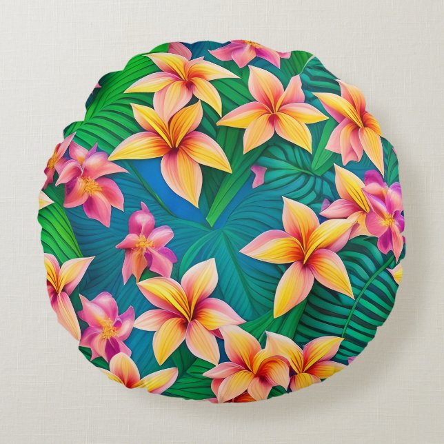 Hawaiian Tropical Flower Pattern Round Pillow (Front)