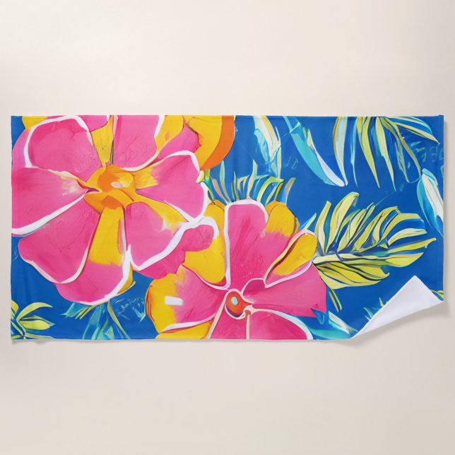 Hawaiian Tropical Flowers Pattern Beach Towel (Front)