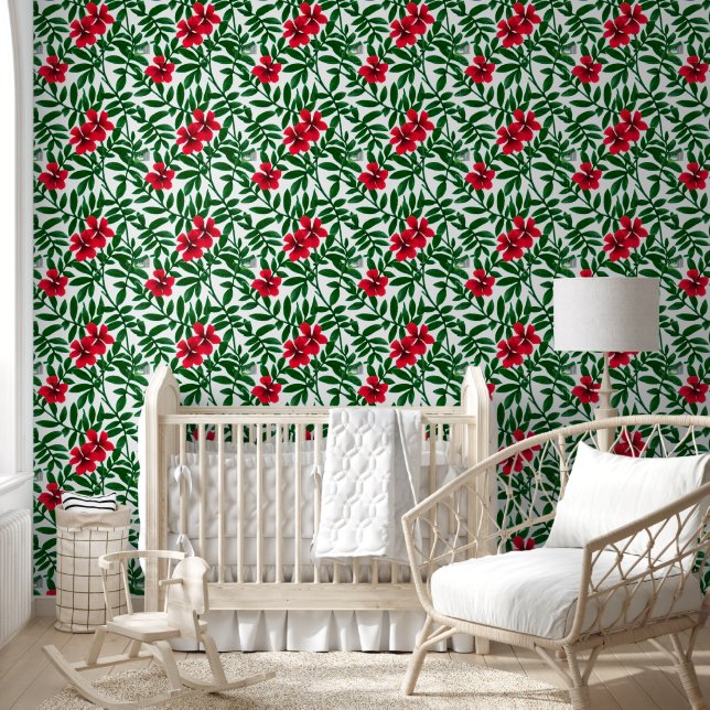 Hawaiian tropical flowers red green coastal chic wallpaper (Kids)