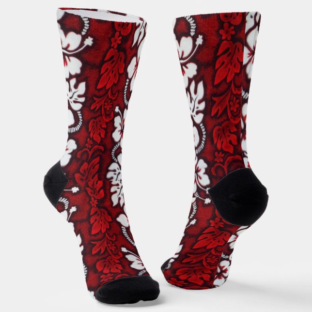 Hawaiian Tropical Hibiscus Flowers Pattern Red Socks (Angled)
