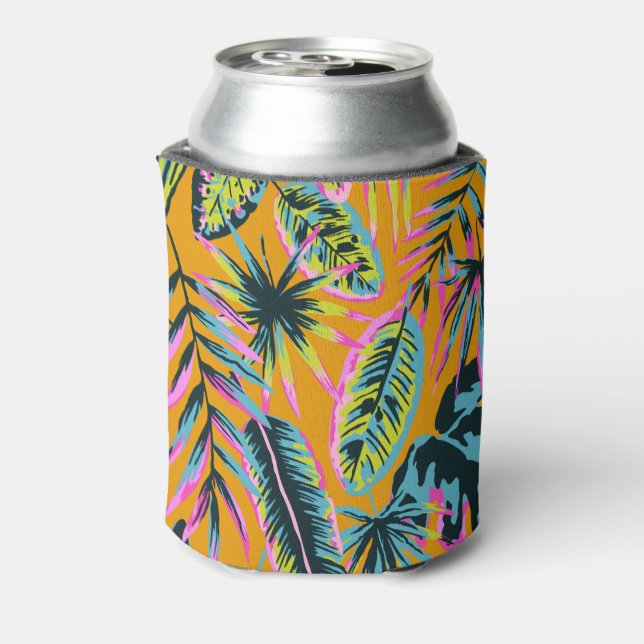 Hawaiian Tropical Leaves And Plants Print Pattern Can Cooler (Can Back)