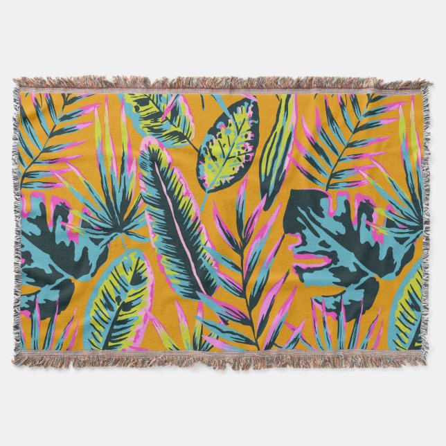 Hawaiian Tropical Leaves And Plants Print Pattern Throw Blanket (Front)
