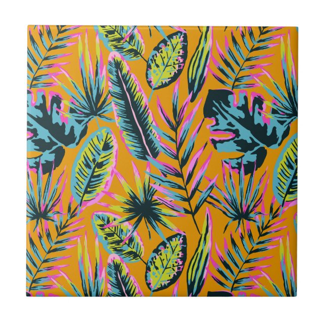 Hawaiian Tropical Leaves And Plants Print Pattern Tile (Front)