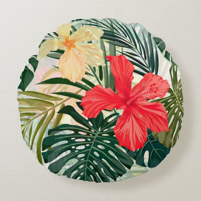 Hawaiian tropical plants, colourful flowers. round pillow (Front)