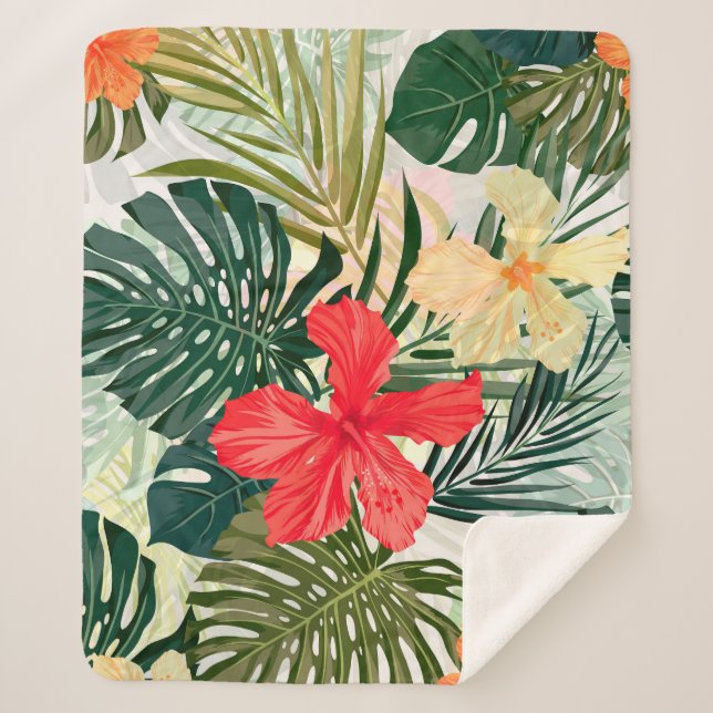Hawaiian tropical plants, colourful flowers. sherpa blanket (Front)