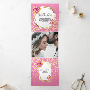 Hawaiian tropical watercolor flower pink gold Tri-Fold card