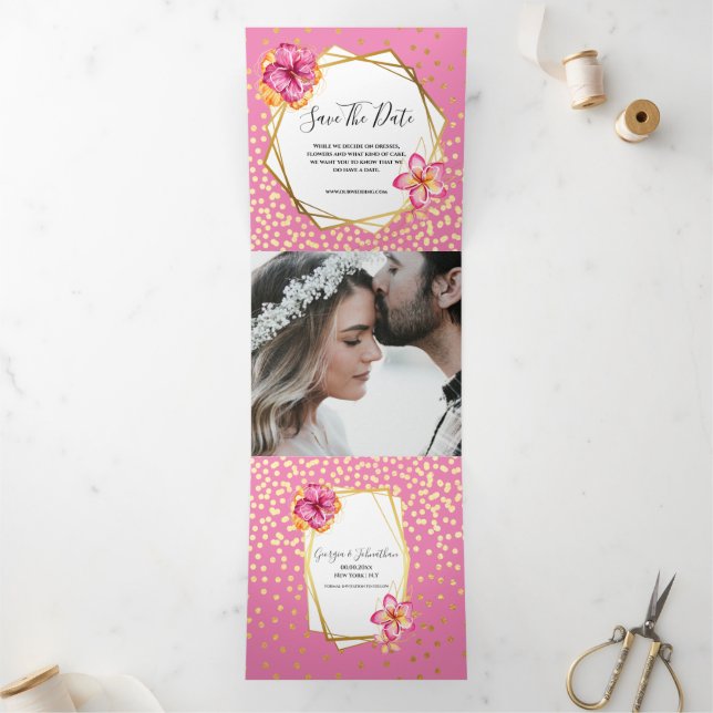 Hawaiian tropical watercolor flower pink gold  Tri-Fold card (Inside)