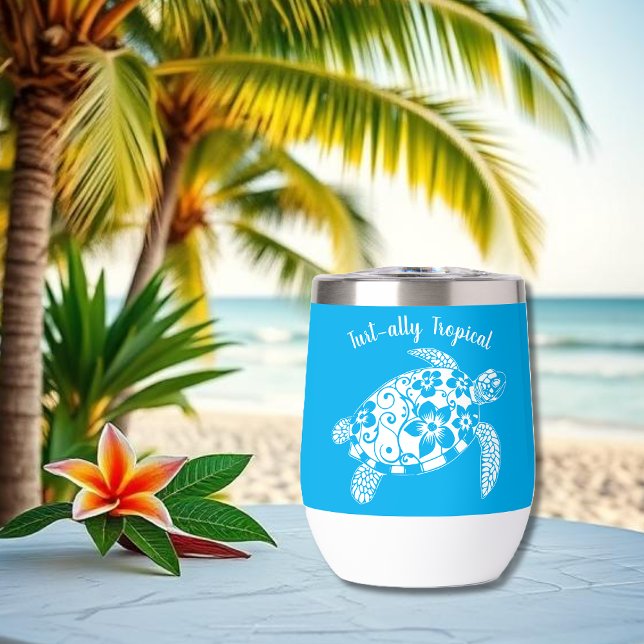 Hawaiian Turtle-Fisherman Aesthetic-Light Blue (Hawaiian Turtle-Tropical Flowers, Elegant Tribals, summer, beach, fisherman aesthetic, wine tumbler)