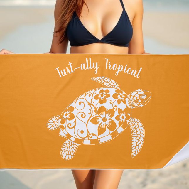 Hawaiian Turtle Fisherman Aesthetic Orange Beach Towel (Hawaiian Turtle-Tropical Flowers, Elegant Tribals, summer, beach, fisherman aesthetic, Beach Towel)