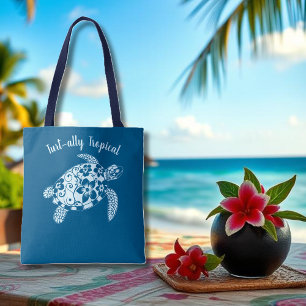 Hawaiian Turtle Fisherman Aesthetic Teal Tote Bag
