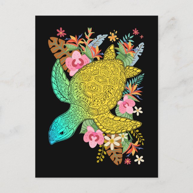 Hawaiian Turtle Lover Hawaii Colourful Flowers Postcard (Front)