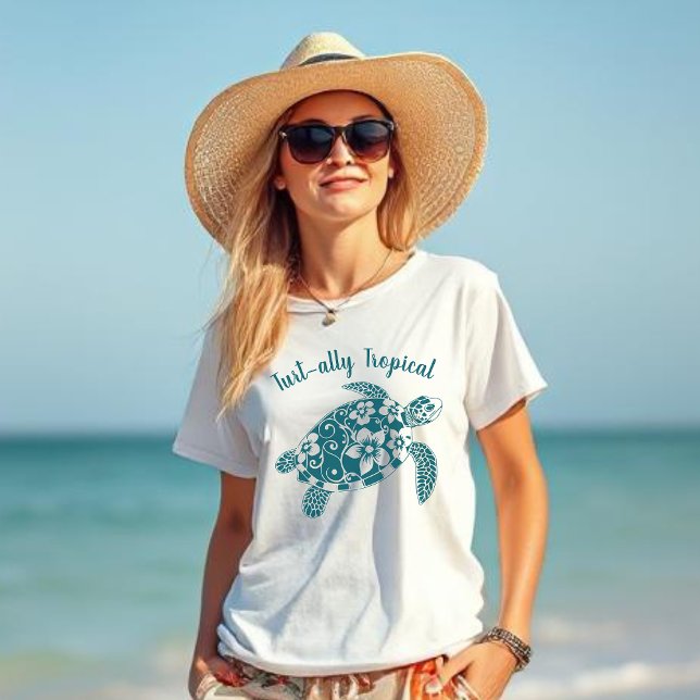 Hawaiian Turtle Turt-ally Tropical Teal T-Shirt (Hawaiian Turtle-Turt-ally Tropical-Fisherman Core, Coastal, Islander, Beach, Summer, Women T shirt)