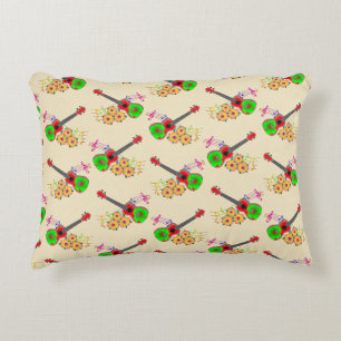 Hawaiian Ukulele Hibiscus Flowers Accent Pillow