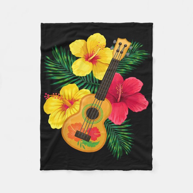 Hawaiian Ukulele Retro Uke Hibiscus  Fleece Blanket (Front)