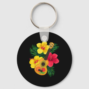 Hawaiian Ukulele Retro Uke Hibiscus  Keychain