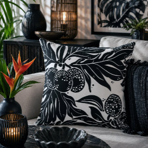 Hawaiian Ulu Breadfruit Pattern Black White Throw Pillow