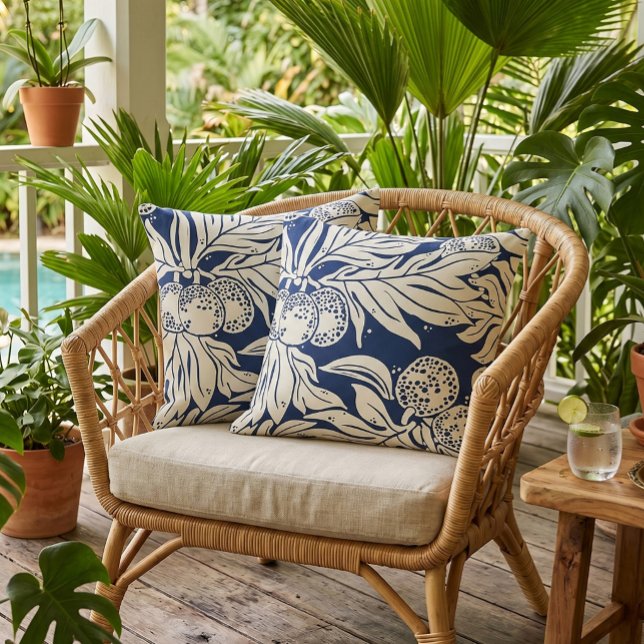 Hawaiian Ulu Breadfruit Pattern Navy Cream Throw Pillow (Creator Uploaded)