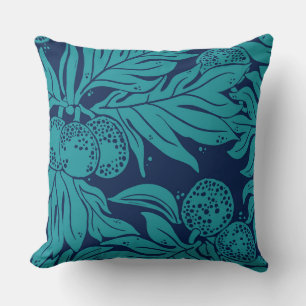 Hawaiian Ulu Breadfruit Pattern Teal on Navy Throw Pillow