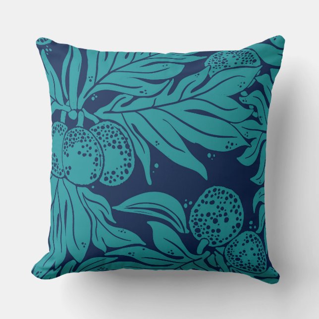 Hawaiian Ulu Breadfruit Pattern Teal on Navy Throw Pillow (Front)