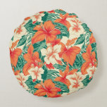 Hawaiian vibe aesthetic tropical flowers pattern round pillow<br><div class="desc">Aesthetic Hawaiian vibe with colourful tropical flowers and green leaves in a seamless pattern.</div>