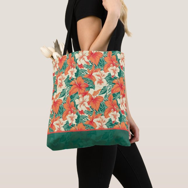 Hawaiian vibe colorful tropical flowers pattern tote bag (Close Up)
