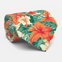 Hawaiian vibe tropical flowers and leaves pattern tie