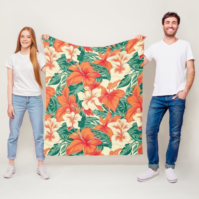 Hawaiian vibe tropical flowers pattern fleece blanket (In Situ)