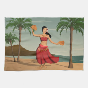 Hawaiian Vintage Hula Girl Postcard Kitchen Towel