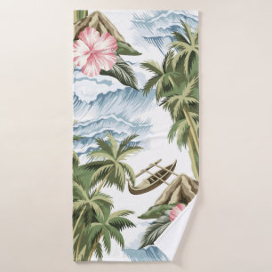 Hawaiian vintage island,  palm tree,  boat,  pink  bath towel