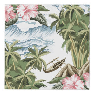 Hawaiian vintage island,  palm tree,  boat,  pink  faux canvas print