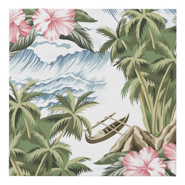 Hawaiian vintage island,  palm tree,  boat,  pink  faux canvas print (Front)