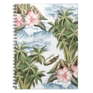 Hawaiian vintage island, palm tree, boat, pink notebook