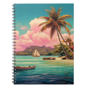 Hawaiian vintage island, palm tree, boat, pink notebook