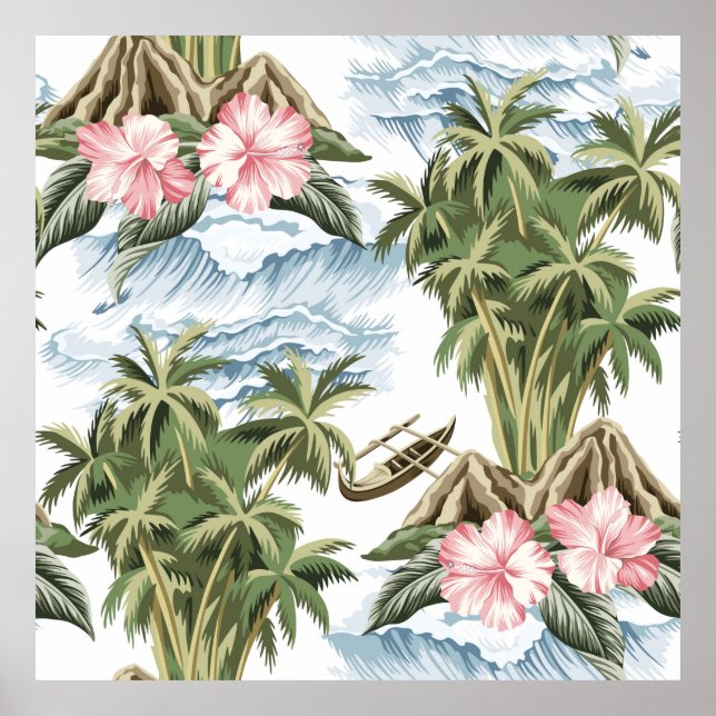 Hawaiian vintage island,  palm tree,  boat,  pink  poster (Front)