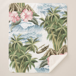 Hawaiian vintage island,  palm tree,  boat,  pink  sherpa blanket
