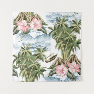 Hawaiian vintage island,  palm tree,  boat,  pink  tapestry