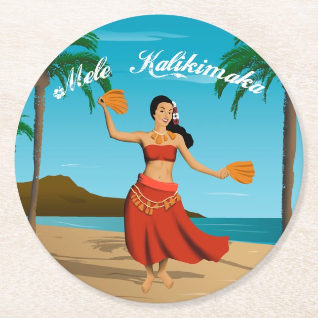 Hawaiian Vintage Mele Kalikimaka Postcard Round Paper Coaster (Front)