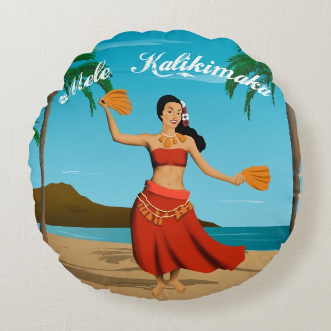 Hawaiian Vintage Mele Kalikimaka Postcard Round Pillow (Front)