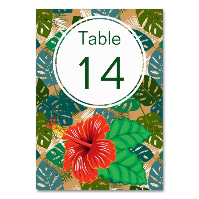 Hawaiian Wedding Red Hibiscus Luau Table Number (Front)