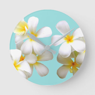 Hawaiian white plumeria flower blue round clock