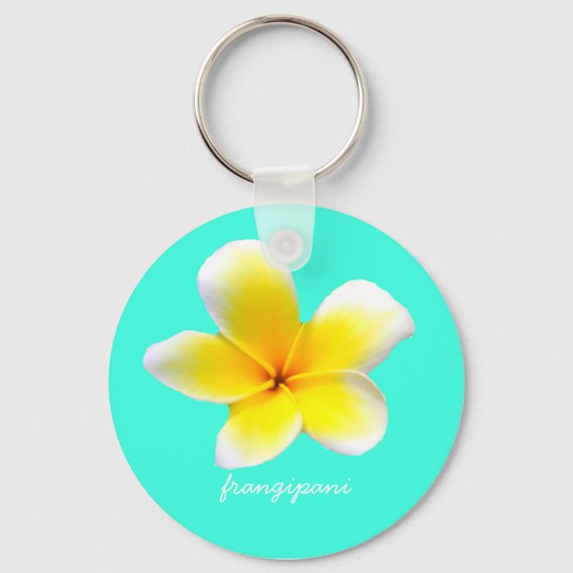 Hawaiian white plumeria flower  frangipani keychain (Front)