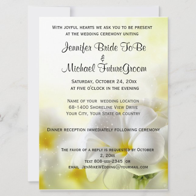 Hawaiian White Plumeria Wedding and Reception Invitation (Front)