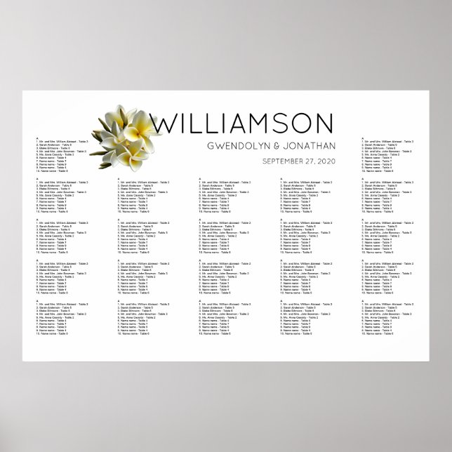 Hawaiian Yellow Plumeria Seating Chart (Front)