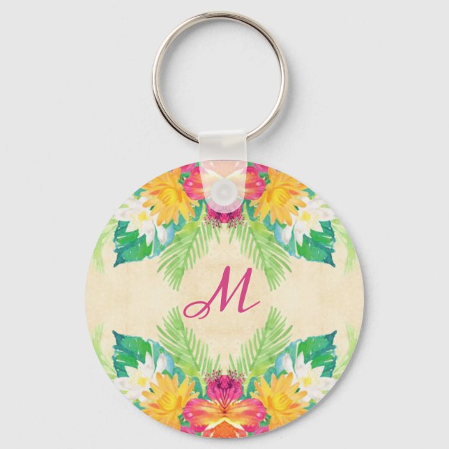 Hawaiin tropical flower pink green sand keychain (Front)