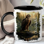 Hawk by Forest Lake Reflection Mug<br><div class="desc">Start your day with the majestic beauty of the Hawk by Forest Lake Reflection Mug. This stunning mug features a detailed image of a hawk perched on a rock by a serene forest lake, with the tranquil water reflecting the surrounding trees and morning light. Customized with your name, it adds...</div>